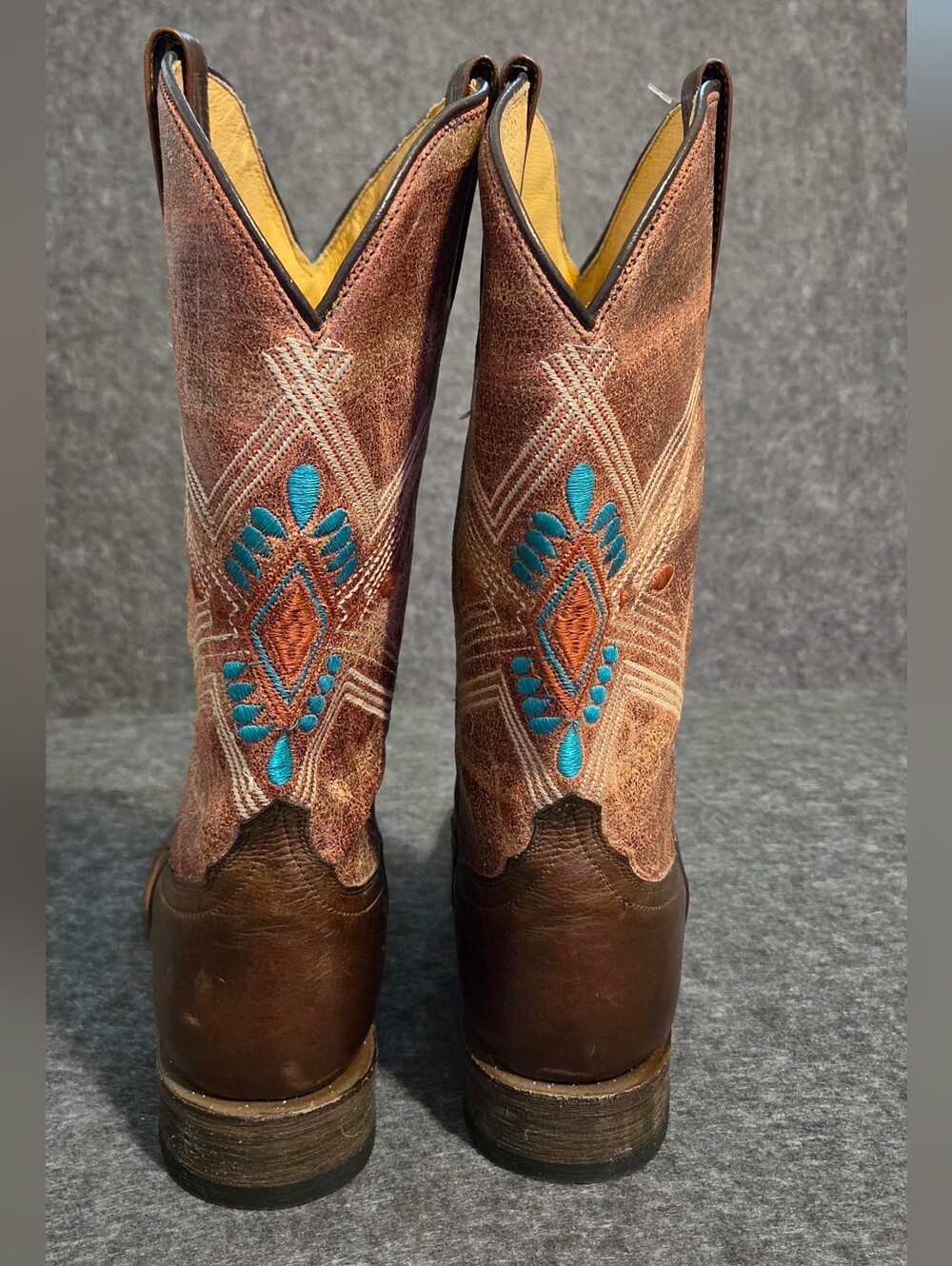 Roper Womens Brown Leather Western Boots Turquoise/Orange Embroidery Made Mexico - Picture 5 of 12